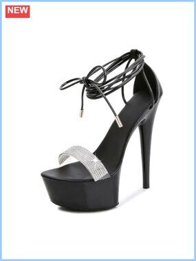 Rhinestone Lace Up Platform Stiletto Sandals Peep Toe 5.9 Inch High Heels